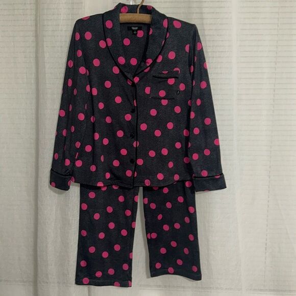 Simply Vera S Charcoal Gray Pink Large Polka Fleece Interior Knit PJ set - Picture 1 of 16